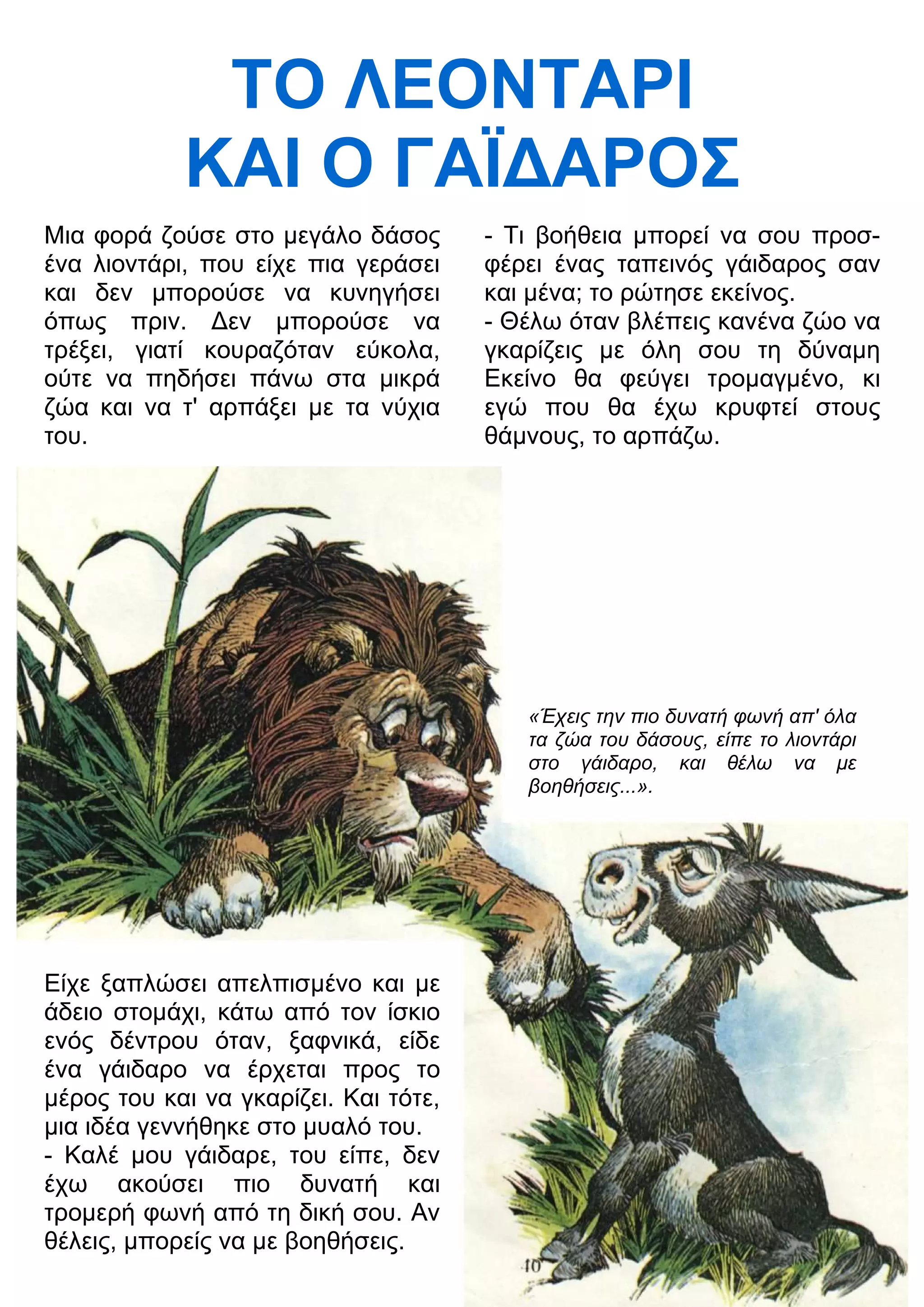 ΤΟ ΛΕΟΝΤΑΡΙ 
ΚΑΙ Ο ΓΑΪ
ΑΡΟΣ 
Μια φορά ζούσε στο μεγάλο δάσος 
ένα λιοντάρι, που είχε πια γεράσει 
και δεν μπορούσε να κυνηγήσει 
όπως πριν. 3εν μπορούσε να 
τρέξει, γιατί κουραζόταν εύκολα, 
ούτε να πηδήσει πάνω στα μικρά 
ζώα και να τ' αρπάξει με τα νύχια 
του. 
- Τι βοήθεια μπορεί να σου προσ- 
φέρει ένας ταπεινός γάιδαρος σαν 
και μένα; το ρώτησε εκείνος. 
- Θέλω όταν βλέπεις κανένα ζώο να 
γκαρίζεις με όλη σου τη δύναμη 
Εκείνο θα φεύγει τρομαγμένο, κι 
εγώ που θα έχω κρυφτεί στους 
θάμνους, το αρπάζω. 
Είχε ξαπλώσει απελπισμένο και με 
άδειο στομάχι, κάτω από τον ίσκιο 
ενός δέντρου όταν, ξαφνικά, είδε 
ένα γάιδαρο να έρχεται προς το 
μέρος του και να γκαρίζει. Και τότε, 
μια ιδέα γεννήθηκε στο μυαλό του. 
- Καλέ μου γάιδαρε, του είπε, δεν 
έχω ακούσει πιο δυνατή και 
τρομερή φωνή από τη δική σου. Αν 
θέλεις, μπορείς να με βοηθήσεις. 
«Έχεις την πιο δυνατή φωνή απ' όλα 
τα ζώα του δάσους, είπε το λιοντάρι 
στο γάιδαρο, και θέλω να με 
βοηθήσεις...». 
 