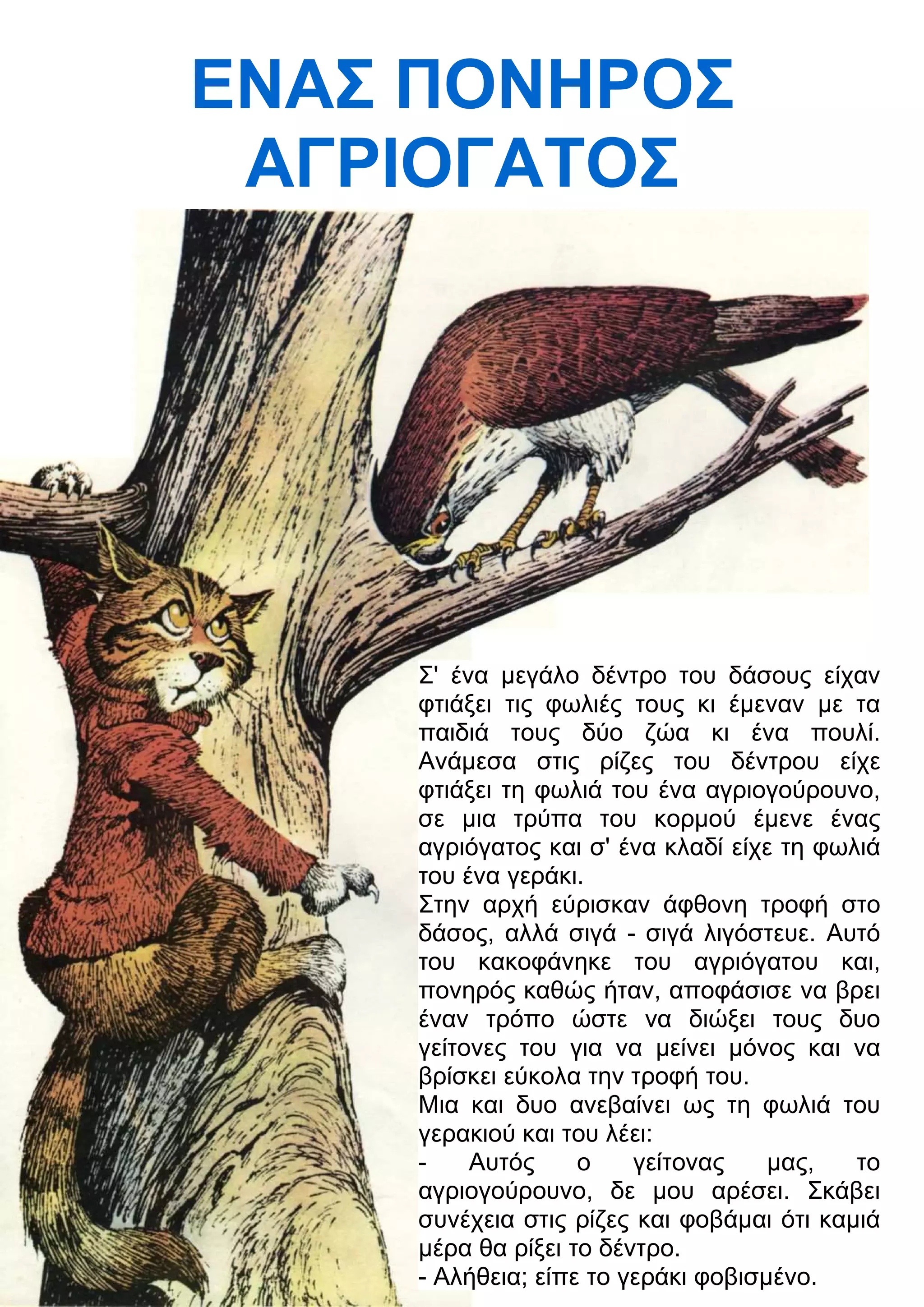 ΕΝΑΣ ΠΟΝΗΡΟΣ 
ΑΓΡΙΟΓΑΤΟΣ 
Σ' ένα μεγάλο δέντρο του δάσους είχαν 
φτιάξει τις φωλιές τους κι έμεναν με τα 
παιδιά τους δύο ζώα κι ένα πουλί. 
Ανάμεσα στις ρίζες του δέντρου είχε 
φτιάξει τη φωλιά του ένα αγριογούρουνο, 
σε μια τρύπα του κορμού έμενε ένας 
αγριόγατος και σ' ένα κλαδί είχε τη φωλιά 
του ένα γεράκι. 
Στην αρχή εύρισκαν άφθονη τροφή στο 
δάσος, αλλά σιγά - σιγά λιγόστευε. Αυτό 
του κακοφάνηκε του αγριόγατου και, 
πονηρός καθώς ήταν, αποφάσισε να βρει 
έναν τρόπο ώστε να διώξει τους δυο 
γείτονες του για να μείνει μόνος και να 
βρίσκει εύκολα την τροφή του. 
Μια και δυο ανεβαίνει ως τη φωλιά του 
γερακιού και του λέει: 
- Αυτός ο γείτονας μας, το 
αγριογούρουνο, δε μου αρέσει. Σκάβει 
συνέχεια στις ρίζες και φοβάμαι ότι καμιά 
μέρα θα ρίξει το δέντρο. 
- Αλήθεια; είπε το γεράκι φοβισμένο. 
 