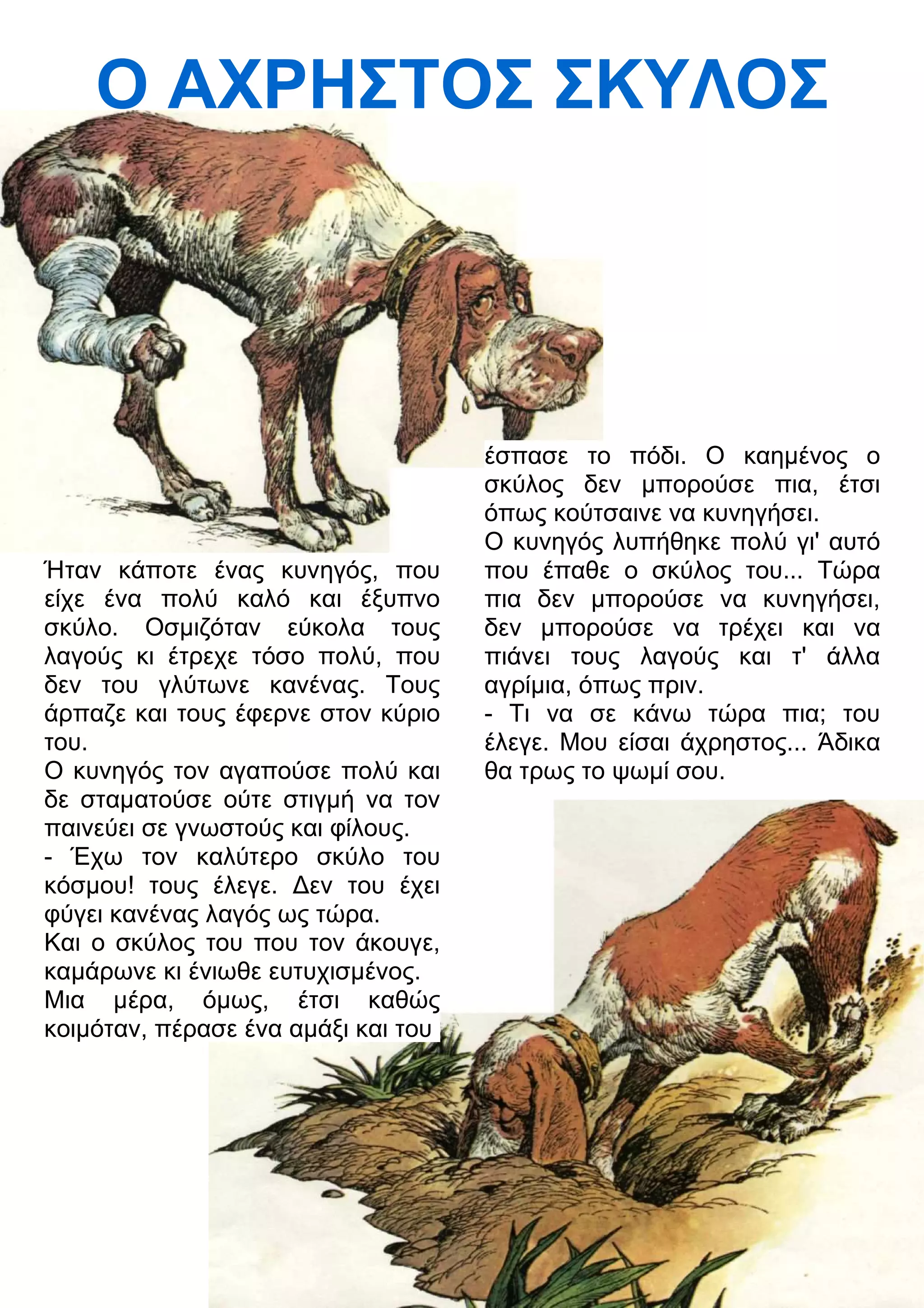 Ο ΑΧΡΗΣΤΟΣ ΣΚΥΛΟΣ 
Ήταν κάποτε ένας κυνηγός, που 
είχε ένα πολύ καλό και έξυπνο 
σκύλο. Οσμιζόταν εύκολα τους 
λαγούς κι έτρεχε τόσο πολύ, που 
δεν του γλύτωνε κανένας. Τους 
άρπαζε και τους έφερνε στον κύριο 
του. 
Ο κυνηγός τον αγαπούσε πολύ και 
δε σταματούσε ούτε στιγμή να τον 
παινεύει σε γνωστούς και φίλους. 
- Έχω τον καλύτερο σκύλο του 
κόσμου! τους έλεγε. 3εν του έχει 
φύγει κανένας λαγός ως τώρα. 
Και ο σκύλος του που τον άκουγε, 
καμάρωνε κι ένιωθε ευτυχισμένος. 
Μια μέρα, όμως, έτσι καθώς 
κοιμόταν, πέρασε ένα αμάξι και του 
έσπασε το πόδι. Ο καημένος ο 
σκύλος δεν μπορούσε πια, έτσι 
όπως κούτσαινε να κυνηγήσει. 
Ο κυνηγός λυπήθηκε πολύ γι' αυτό 
που έπαθε ο σκύλος του... Τώρα 
πια δεν μπορούσε να κυνηγήσει, 
δεν μπορούσε να τρέχει και να 
πιάνει τους λαγούς και τ' άλλα 
αγρίμια, όπως πριν. 
- Τι να σε κάνω τώρα πια; του 
έλεγε. Μου είσαι άχρηστος... Άδικα 
θα τρως το ψωμί σου. 
 
