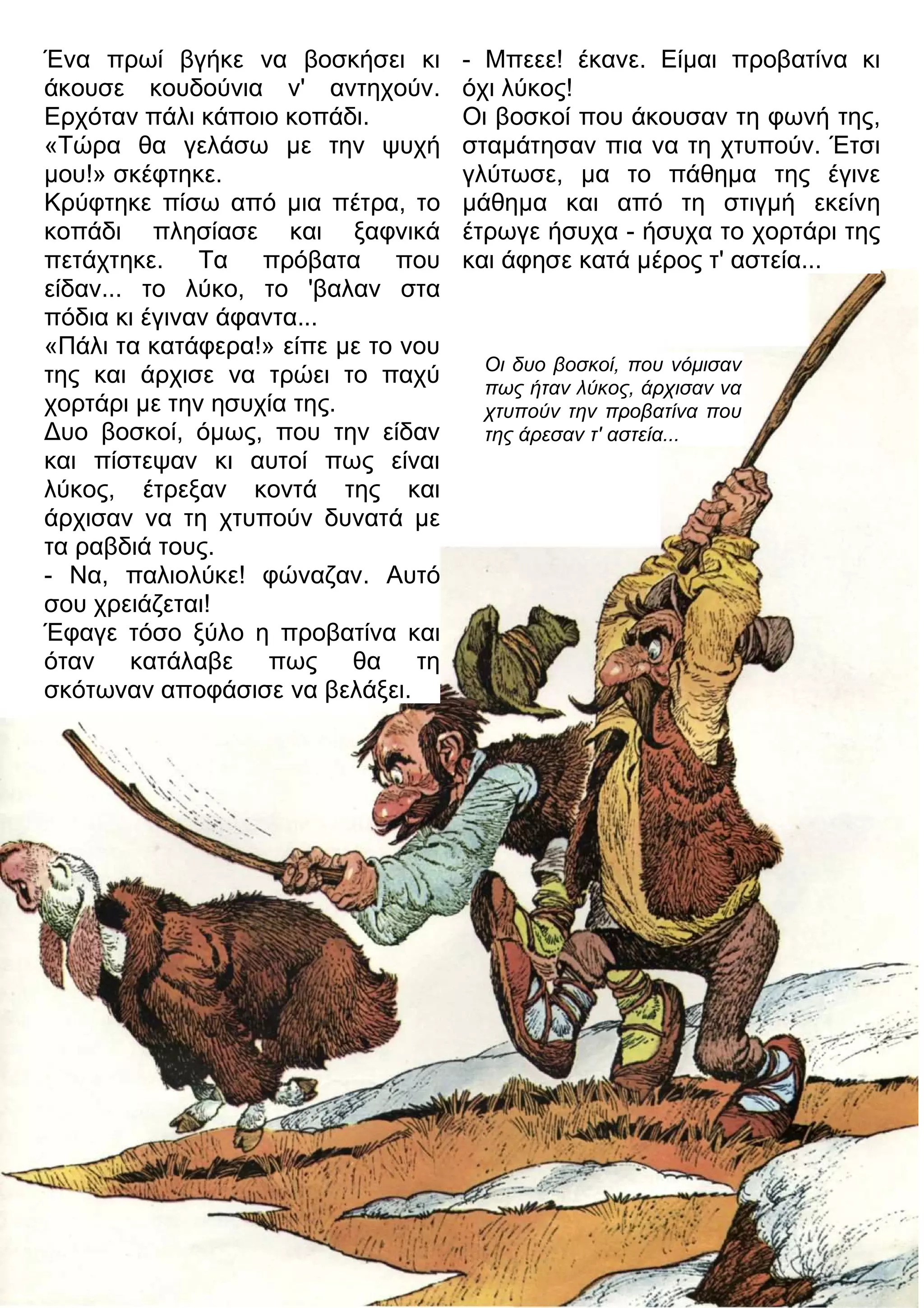 Ένα πρωί βγήκε να βοσκήσει κι 
άκουσε κουδούνια ν' αντηχούν. 
Ερχόταν πάλι κάποιο κοπάδι. 
«Τώρα θα γελάσω με την ψυχή 
μου!» σκέφτηκε. 
Κρύφτηκε πίσω από μια πέτρα, το 
κοπάδι πλησίασε και ξαφνικά 
πετάχτηκε. Τα πρόβατα που 
είδαν... το λύκο, το 'βαλαν στα 
πόδια κι έγιναν άφαντα... 
«Πάλι τα κατάφερα!» είπε με το νου 
της και άρχισε να τρώει το παχύ 
χορτάρι με την ησυχία της. 
3υο βοσκοί, όμως, που την είδαν 
και πίστεψαν κι αυτοί πως είναι 
λύκος, έτρεξαν κοντά της και 
άρχισαν να τη χτυπούν δυνατά με 
τα ραβδιά τους. 
- Να, παλιολύκε! φώναζαν. Αυτό 
σου χρειάζεται! 
Έφαγε τόσο ξύλο η προβατίνα και 
όταν κατάλαβε πως θα τη 
σκότωναν αποφάσισε να βελάξει. 
- Μπεεε! έκανε. Είμαι προβατίνα κι 
όχι λύκος! 
Οι βοσκοί που άκουσαν τη φωνή της, 
σταμάτησαν πια να τη χτυπούν. Έτσι 
γλύτωσε, μα το πάθημα της έγινε 
μάθημα και από τη στιγμή εκείνη 
έτρωγε ήσυχα - ήσυχα το χορτάρι της 
και άφησε κατά μέρος τ' αστεία... 
Οι δυο βοσκοί, που νόμισαν 
πως ήταν λύκος, άρχισαν να 
χτυπούν την προβατίνα που 
της άρεσαν τ' αστεία... 
 