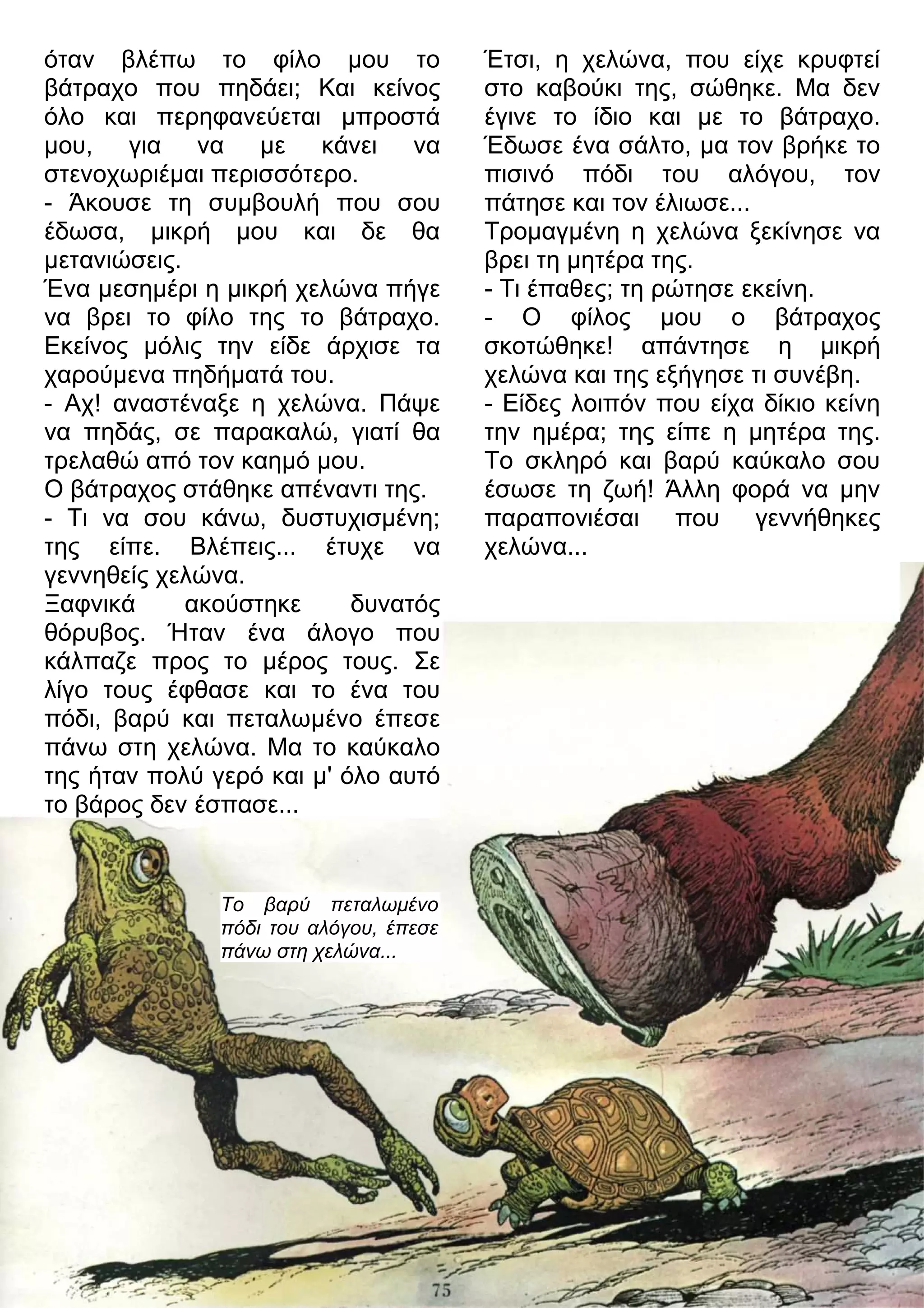 όταν βλέπω το φίλο μου το 
βάτραχο που πηδάει; Και κείνος 
όλο και περηφανεύεται μπροστά 
μου, για να με κάνει να 
στενοχωριέμαι περισσότερο. 
- Άκουσε τη συμβουλή που σου 
έδωσα, μικρή μου και δε θα 
μετανιώσεις. 
Ένα μεσημέρι η μικρή χελώνα πήγε 
να βρει το φίλο της το βάτραχο. 
Εκείνος μόλις την είδε άρχισε τα 
χαρούμενα πηδήματά του. 
- Αχ! αναστέναξε η χελώνα. Πάψε 
να πηδάς, σε παρακαλώ, γιατί θα 
τρελαθώ από τον καημό μου. 
Ο βάτραχος στάθηκε απέναντι της. 
- Τι να σου κάνω, δυστυχισμένη; 
της είπε. Βλέπεις... έτυχε να 
γεννηθείς χελώνα. 
Ξαφνικά ακούστηκε δυνατός 
θόρυβος. Ήταν ένα άλογο που 
κάλπαζε προς το μέρος τους. Σε 
λίγο τους έφθασε και το ένα του 
πόδι, βαρύ και πεταλωμένο έπεσε 
πάνω στη χελώνα. Μα το καύκαλο 
της ήταν πολύ γερό και μ' όλο αυτό 
το βάρος δεν έσπασε... 
Έτσι, η χελώνα, που είχε κρυφτεί 
στο καβούκι της, σώθηκε. Μα δεν 
έγινε το ίδιο και με το βάτραχο. 
Έδωσε ένα σάλτο, μα τον βρήκε το 
πισινό πόδι του αλόγου, τον 
πάτησε και τον έλιωσε... 
Τρομαγμένη η χελώνα ξεκίνησε να 
βρει τη μητέρα της. 
- Τι έπαθες; τη ρώτησε εκείνη. 
- Ο φίλος μου ο βάτραχος 
σκοτώθηκε! απάντησε η μικρή 
χελώνα και της εξήγησε τι συνέβη. 
- Είδες λοιπόν που είχα δίκιο κείνη 
την ημέρα; της είπε η μητέρα της. 
Το σκληρό και βαρύ καύκαλο σου 
έσωσε τη ζωή! Άλλη φορά να μην 
παραπονιέσαι που γεννήθηκες 
χελώνα... 
Το βαρύ πεταλωμένο 
πόδι του αλόγου, έπεσε 
πάνω στη χελώνα... 
 