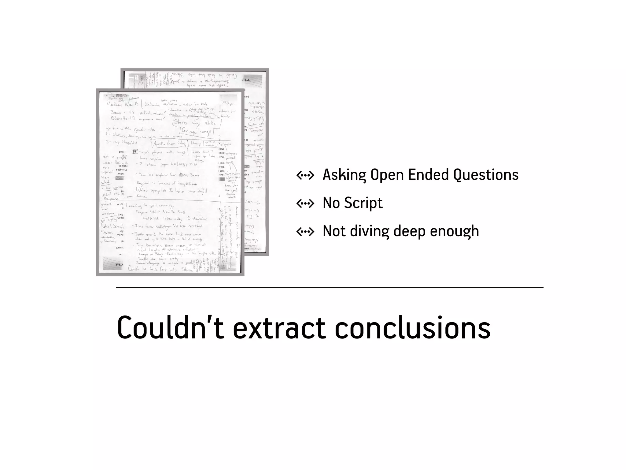 w Asking Open Ended Questions
             w No Script
             w Not diving deep enough




Couldn’t extract conclusions
 