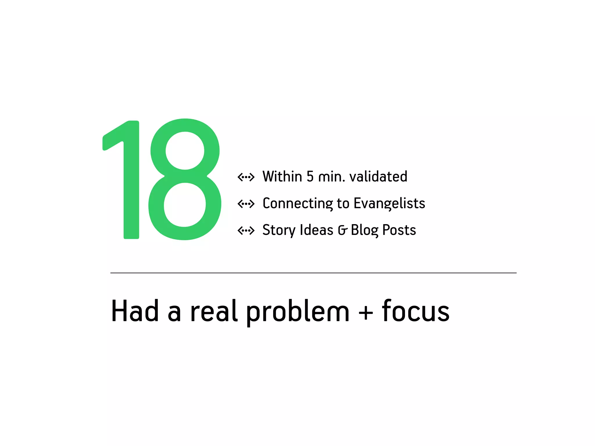 18       w Within 5 min. validated
         w Connecting to Evangelists
         w Story Ideas & Blog Posts



Had a real problem + focus
 