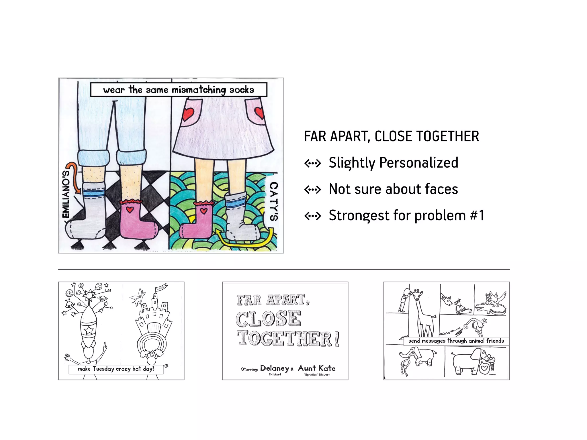 FAR APART, CLOSE TOGETHER
                              w Slightly Personalized
                              w Not sure about faces
                              w Strongest for problem #1




                                             send messages through animal friends


make Tuesday crazy hat day!
 