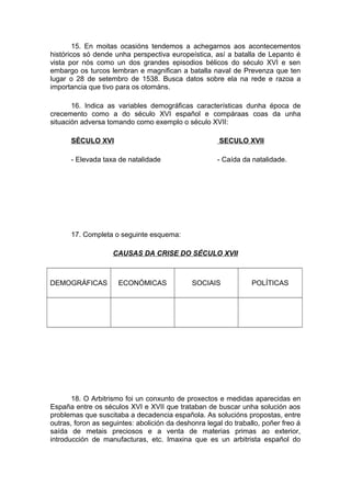 15. En moitas ocasións tendemos a achegarnos aos acontecementos
históricos só dende unha perspectiva europeística, así a batalla de Lepanto é
vista por nós como un dos grandes episodios bélicos do século XVI e sen
embargo os turcos lembran e magnifican a batalla naval de Prevenza que ten
lugar o 28 de setembro de 1538. Busca datos sobre ela na rede e razoa a
importancia que tivo para os otománs.

       16. Indica as variables demográficas características dunha época de
crecemento como a do século XVI español e compáraas coas da unha
situación adversa tomando como exemplo o século XVII:

      SÉCULO XVI                                      SECULO XVII

      - Elevada taxa de natalidade                    - Caída da natalidade.




      17. Completa o seguinte esquema:

                    CAUSAS DA CRISE DO SÉCULO XVII



DEMOGRÁFICAS          ECONÓMICAS             SOCIAIS             POLÍTICAS




       18. O Arbitrismo foi un conxunto de proxectos e medidas aparecidas en
España entre os séculos XVI e XVII que trataban de buscar unha solución aos
problemas que suscitaba a decadencia española. As solucións propostas, entre
outras, foron as seguintes: abolición da deshonra legal do traballo, poñer freo á
saída de metais preciosos e a venta de materias primas ao exterior,
introducción de manufacturas, etc. Imaxina que es un arbitrista español do
 