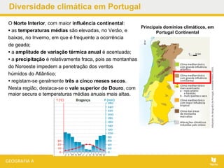 Diversidade climática em Portugal
O Norte Interior, com maior influência continental:
• as temperaturas médias são elevadas, no Verão, e
baixas, no Inverno, em que é frequente a ocorrência
de geada;
• a amplitude de variação térmica anual é acentuada;
• a precipitação é relativamente fraca, pois as montanhas
do Noroeste impedem a penetração dos ventos
húmidos do Atlântico;
• registam-se geralmente três a cinco meses secos.
Nesta região, destaca-se o vale superior do Douro, com
maior secura e temperaturas médias anuais mais altas.
Principais domínios climáticos, em
Portugal Continental
 