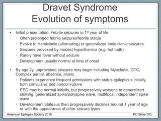 Dravet Syndrome
Evolution of symptoms
• Initial presentation: Febrile seizures in 1st year of life
• Often prolonged febrile seizures/febrile status
• Evolve to Hemiclonic (alternating) or generalized tonic-clonic seizures
• Seizures provoked by modest hyperthermia (e.g. hot bath)
• Rarely have fever without seizure
• Development usually normal at time of onset
• By age 2y, unprovoked seizures may begin including Myoclonic, GTC,
Complex partial, absence, atonic
• Patients experience frequent admissions with status epilepticus initially,
both convulsive and nonconvulsive
• EEG may be normal initially, but progressively worsens to generalized
slowing, generalized spike/polyspike wave, multifocal independent spike
wave
• Development plateaus then progressively declines around 1 year of age
or with the appearance of other seizure types
American Epilepsy Society 2015 PC Slide-103
 