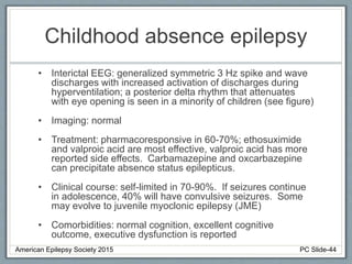 Childhood absence epilepsy
• Interictal EEG: generalized symmetric 3 Hz spike and wave
discharges with increased activation of discharges during
hyperventilation; a posterior delta rhythm that attenuates
with eye opening is seen in a minority of children (see figure)
• Imaging: normal
• Treatment: pharmacoresponsive in 60-70%; ethosuximide
and valproic acid are most effective, valproic acid has more
reported side effects. Carbamazepine and oxcarbazepine
can precipitate absence status epilepticus.
• Clinical course: self-limited in 70-90%. If seizures continue
in adolescence, 40% will have convulsive seizures. Some
may evolve to juvenile myoclonic epilepsy (JME)
• Comorbidities: normal cognition, excellent cognitive
outcome, executive dysfunction is reported
American Epilepsy Society 2015 PC Slide-44
 
