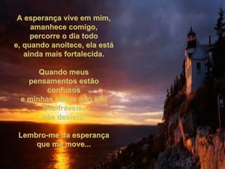 A esperança vive em mim, amanhece comigo, percorre o dia todo e, quando anoitece, ela está ainda mais fortalecida. Quando meus pensamentos estão confusos e minhas idéias não são decifráveis, não desisto! Lembro-me da esperança que me move... 