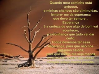 Quando meu caminho está tortuoso, e minhas chances são diminuídas, lembro- me da esperança que devo ter sempre... Esperança é a certeza de que algo de bom vai acontecer, é a confiança que tudo vai dar certo. Todos devemos ter essa esperança, para que não nos sintamos caídos, para que nosso dia seja menos tumultuado, e para que nosso coração esteja menos pesado. 