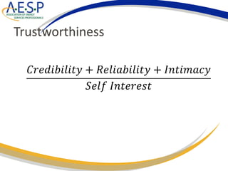 Trustworthiness
𝐶𝑟𝑒𝑑𝑖𝑏𝑖𝑙𝑖𝑡𝑦 + 𝑅𝑒𝑙𝑖𝑎𝑏𝑖𝑙𝑖𝑡𝑦 + 𝐼𝑛𝑡𝑖𝑚𝑎𝑐𝑦
𝑆𝑒𝑙𝑓 𝐼𝑛𝑡𝑒𝑟𝑒𝑠𝑡
 