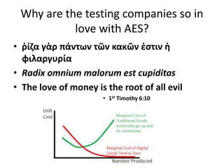 Why are the testing companies so in
love with AES?
• ῥίζα γὰρ πάντων τῶν κακῶν ἐστιν ἡ
φιλαργυρία
• Radix omnium malorum est cupiditas
• The love of money is the root of all evil
• 1st Timothy 6:10
 