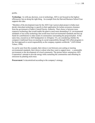 P a g e | 15




profits.

Technology: As with any decision, even in technology, AES is not focused on the highest
efficiencies, but on doing the right thing. An example from the Harvard Business School Case
supports this idea:
―Members of the development team for the AES Corp.'s power plant project in India must
decide what plant technology to specify in their application for techno-economic clearance
from the government of India's Central Electric Authority. Their choice is between more
expensive technology that would enable the plant to meet more demanding U.S. environmental
standards or less costly technology that would meet local environmental standards and free up
funds for contributions to other needs of communities surrounding the projected plant. At the
same time, executives at AES headquarters in Arlington, VA, are considering whether the
company's traditional focus on meeting its social responsibility through CO2-offset programs is
the best approach to social responsibility as the company expands worldwide.‖ (AES Global
Values, 1998)
As can be seen from this example, their choice is not between cost-cutting or meeting
environmental standards; their choice is about what they want to support more – a sustainable
environment or the development of a local community. The picture below summarizes AES
Corporation’s attempt to provide energy while sustaining the communities and offsetting its
emissions by planting more trees.
Procurement: Is decentralized according to the company’s strategy.
 
