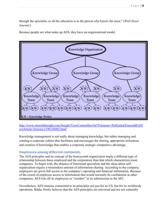 Page |8




through the specialist, so all the education is to the person who knows the most.‖ (Wall Street
Journal.)

Because people are what make up AES, they have an organizational model.




http://www.emeraldinsight.com/Insight/ViewContentServlet?Filename=Published/EmeraldFullT
extArticle/Articles/1190120402.html

Knowledge management is not really about managing knowledge, but rather managing and
creating a corporate culture that facilitates and encourages the sharing, appropriate utilization,
and creation of knowledge that enables a corporate strategic competitive advantage.

Employees among different continents
The AES principles and its concept of the honeycomb organization imply a different type of
relationship between those employed and the corporation than that which characterizes most
companies. To begin with, the absence of functional specialists and the ideas about self-
organization require a tremendous amount of information-sharing. According to the company,
employees are given full access to the company’s operating and financial information. Because
of the extent of employee access to information that would normally be confidential at other
companies, AES lists all its employees as ―insiders‖ in its submissions to the SEC.

Nevertheless, AES remains committed to its principles not just for its US, but for its worldwide
operations. Bakke firmly believes that the AES principles are universal and are not culturally
 