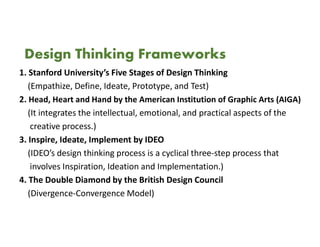 Design Thinking Frameworks
1. Stanford University’s Five Stages of Design Thinking
(Empathize, Define, Ideate, Prototype, and Test)
2. Head, Heart and Hand by the American Institution of Graphic Arts (AIGA)
(It integrates the intellectual, emotional, and practical aspects of the
creative process.)
3. Inspire, Ideate, Implement by IDEO
(IDEO’s design thinking process is a cyclical three-step process that
involves Inspiration, Ideation and Implementation.)
4. The Double Diamond by the British Design Council
(Divergence-Convergence Model)
 