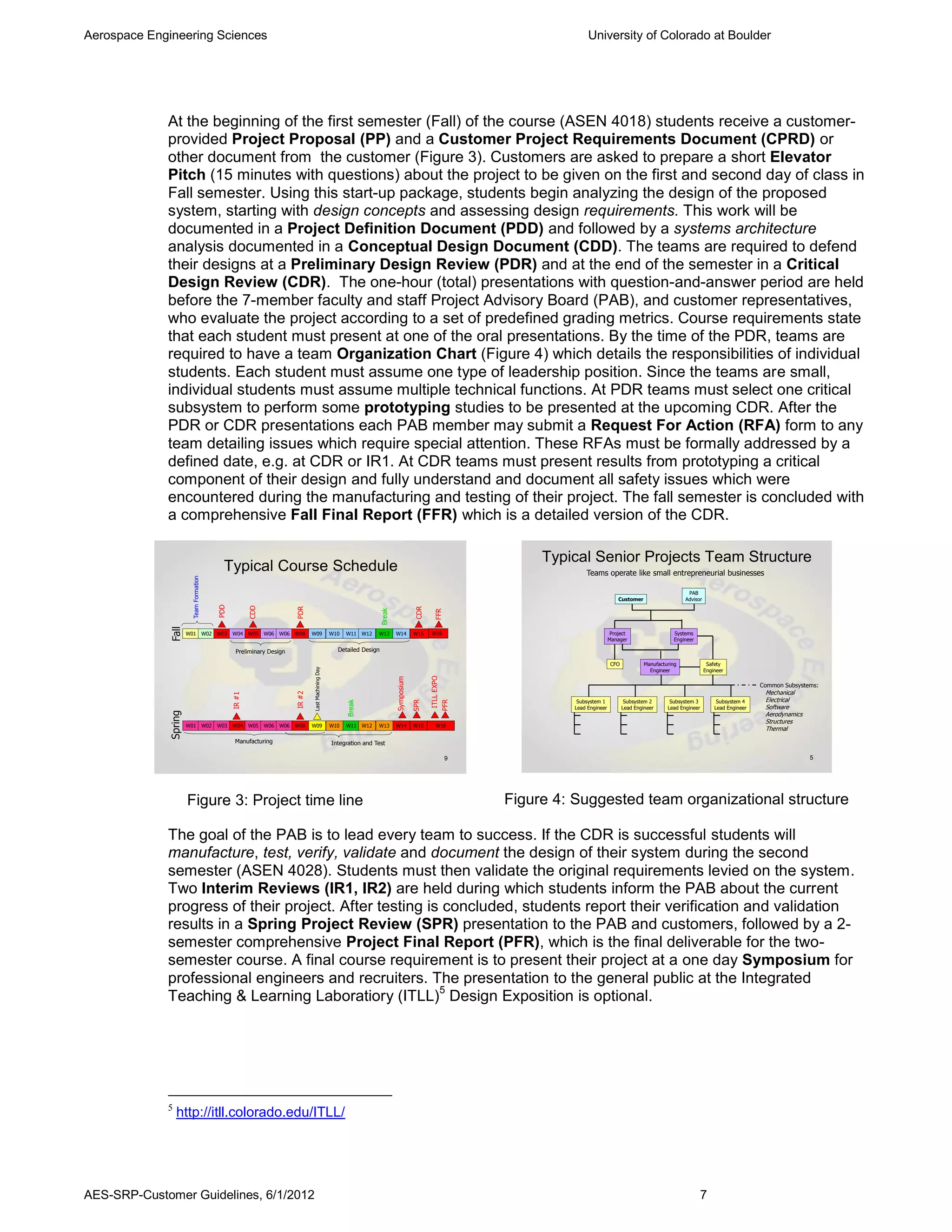 Aerospace Engineering Sciences                                                                                                                                                       University of Colorado at Boulder




             At the beginning of the first semester (Fall) of the course (ASEN 4018) students receive a customer-
             provided Project Proposal (PP) and a Customer Project Requirements Document (CPRD) or
             other document from the customer (Figure 3). Customers are asked to prepare a short Elevator
             Pitch (15 minutes with questions) about the project to be given on the first and second day of class in
             Fall semester. Using this start-up package, students begin analyzing the design of the proposed
             system, starting with design concepts and assessing design requirements. This work will be
             documented in a Project Definition Document (PDD) and followed by a systems architecture
             analysis documented in a Conceptual Design Document (CDD). The teams are required to defend
             their designs at a Preliminary Design Review (PDR) and at the end of the semester in a Critical
             Design Review (CDR). The one-hour (total) presentations with question-and-answer period are held
             before the 7-member faculty and staff Project Advisory Board (PAB), and customer representatives,
             who evaluate the project according to a set of predefined grading metrics. Course requirements state
             that each student must present at one of the oral presentations. By the time of the PDR, teams are
             required to have a team Organization Chart (Figure 4) which details the responsibilities of individual
             students. Each student must assume one type of leadership position. Since the teams are small,
             individual students must assume multiple technical functions. At PDR teams must select one critical
             subsystem to perform some prototyping studies to be presented at the upcoming CDR. After the
             PDR or CDR presentations each PAB member may submit a Request For Action (RFA) form to any
             team detailing issues which require special attention. These RFAs must be formally addressed by a
             defined date, e.g. at CDR or IR1. At CDR teams must present results from prototyping a critical
             component of their design and fully understand and document all safety issues which were
             encountered during the manufacturing and testing of their project. The fall semester is concluded with
             a comprehensive Fall Final Report (FFR) which is a detailed version of the CDR.

                                                                                                                                                                           Typical Senior Projects Team Structure
                                                Typical Course Schedule                                                                                                             Teams operate like small entrepreneurial businesses
                       Team Formation




                                                                                                                                                                                                                                PAB
                                                                                                                                                                                                   Customer                    Advisor
                                              PDD



                                                            CDD




                                                                                                                                                   CDR
                                                                              PDR




                                                                                                                               Break




                                                                                                                                                           FFR
              Fall




                      W01               W02   W03   W04     W05   W06   W06   W08     W09                  W10   W11     W12   W13     W14         W15   W16                                    Project                    Systems
                                                                                                                                                                                                Manager                    Engineer

                                                      Preliminary Design                                     Detailed Design

                                                                                                                                                                                                CFO            Manufacturing              Safety
                                                                                      Last Machining Day




                                                                                                                                                                                                                 Engineer                Engineer
                                                                                                                                                          ITLL EXPO
                                                                                                                                       Symposium




                                                                                                                                                                                                                                                             Common Subsystems:
                                                                                                                                                                                                                                                              Mechanical
                                                                              IR #2
                                                    IR #1




                                                                                                                                                                                 Subsystem 1           Subsystem 2       Subsystem 3          Subsystem 4     Electrical
                                                                                                                                                         PFR
                                                                                                                                                   SPR
                                                                                                                 Break




                                                                                                                                                                                Lead Engineer         Lead Engineer     Lead Engineer        Lead Engineer    Software
                                                                                                                                                                                                                                                              Aerodynamics
             Spring




                                                                                                                                                                                                                                                              Structures
                      W01               W02   W03   W04     W05   W06   W06   W08     W09                  W10   W11     W12   W13     W14         W15      W16
                                                                                                                                                                                                                                                              Thermal
                                                     Manufacturing                                         Integration and Test

                                                                                                                                                                 9                                                                                                           5




                      Figure 3: Project time line                                                                                                                     Figure 4: Suggested team organizational structure

             The goal of the PAB is to lead every team to success. If the CDR is successful students will
             manufacture, test, verify, validate and document the design of their system during the second
             semester (ASEN 4028). Students must then validate the original requirements levied on the system.
             Two Interim Reviews (IR1, IR2) are held during which students inform the PAB about the current
             progress of their project. After testing is concluded, students report their verification and validation
             results in a Spring Project Review (SPR) presentation to the PAB and customers, followed by a 2-
             semester comprehensive Project Final Report (PFR), which is the final deliverable for the two-
             semester course. A final course requirement is to present their project at a one day Symposium for
             professional engineers and recruiters. The presentation to the general public at the Integrated
                                                        5
             Teaching & Learning Laboratiory (ITLL) Design Exposition is optional.




             5
                 http://itll.colorado.edu/ITLL/




AES-SRP-Customer Guidelines, 6/1/2012                                                                                                                                                                                                 7
 