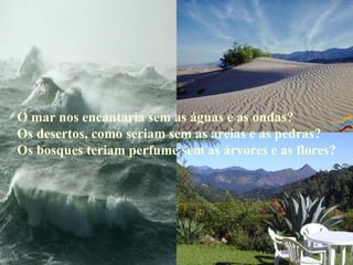 O mar nos encantaria sem as águas e as ondas? Os desertos, como seriam sem as areias e as pedras? Os bosques teriam perfume sem as árvores e as flores? 