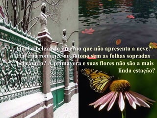 Qual a beleza do inverno  que não apresenta a neve? Haveria romance no out ono sem as folhas sopradas pelo vento? A primavera  e suas flores não são a mais linda estação? 