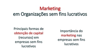 Marketing
em Organizações sem fins lucrativos
Principais formas de
obtenção de capital
(recursos) em
empresas sem fins
lucrativos
Importância do
marketing nas
empresas sem fins
lucrativos
 