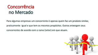 Concorrência
no Mercado
Para algumas empresas um concorrente é apenas quem faz um produto similar,
praticamente igual e que tem os mesmos propósitos. Outras enxergam seus
concorrentes de acordo com o ramo (setor) em que atuam.
 