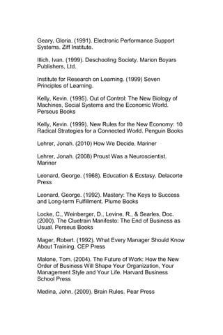 Geary, Gloria. (1991). Electronic Performance Support
Systems. Ziff Institute.

Illich, Ivan. (1999). Deschooling Society. Marion Boyars
Publishers, Ltd.

Institute for Research on Learning. (1999) Seven
Principles of Learning.

Kelly, Kevin. (1995). Out of Control: The New Biology of
Machines, Social Systems and the Economic World.
Perseus Books

Kelly, Kevin. (1999). New Rules for the New Economy: 10
Radical Strategies for a Connected World. Penguin Books

Lehrer, Jonah. (2010) How We Decide. Mariner

Lehrer, Jonah. (2008) Proust Was a Neuroscientist.
Mariner

Leonard, George. (1968). Education & Ecstasy. Delacorte
Press

Leonard, George. (1992). Mastery: The Keys to Success
and Long-term Fulfillment. Plume Books

Locke, C., Weinberger, D., Levine, R., & Searles, Doc.
(2000). The Cluetrain Manifesto: The End of Business as
Usual. Perseus Books

Mager, Robert. (1992). What Every Manager Should Know
About Training. CEP Press

Malone, Tom. (2004). The Future of Work: How the New
Order of Business Will Shape Your Organization, Your
Management Style and Your Life. Harvard Business
School Press

Medina, John. (2009). Brain Rules. Pear Press
 