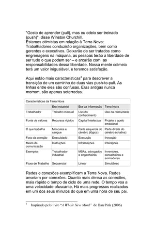 "Gosto de aprender (pull), mas eu odeio ser treinado
(push)", disse Winston Churchill.
Estamos otimistas em relação à Terra Nova:
Trabalhadores conduzirão organizações, bem como
gerentes e executivos. Deixarão de ser tratados como
engrenagens na máquina, as pessoas terão a liberdade de
ser tudo o que podem ser – e arcarão com as
responsabilidades dessa liberdade. Nossa mente colmeia
terá um valor inigualável, e teremos satisfação.

Aqui estão mais características3 para descrever a
transição de um caminho de duas vias push-to-pull. As
linhas entre eles são confusas. Eras antigas nunca
morrem, são apenas soterradas.

Características da Terra Nova
                    Era Industrial     Era da Informação Terra Nova
Trabalhador         Trabalho manual    Uso do                Uso da criatividade
                                       conhecimento
Fonte de valores    Recursos rígidos   Capital Intelectual   Projeto e apelo
                                                             emocional
O que trabalha      Músculos e         Parte esquerda do Parte direita do
                    sangue             cérebro (lógica)  cérebro (criativa)
Foco da atenção     Descuidado         Execução              Inovação
Meios de            Instruções         Informações           Interações
comunicação
Exemplos            Trabalhador        MBAs, advogados       Inventores,
                    industrial         e engenheiros         conselheiros e
                                                             animadores
Fluxo de Trabalho   Sequencial         Linear                Simultâneo


Redes e conexões exemplificam a Terra Nova. Redes
anseiam por conexões. Quanto mais densa as conexões,
mais rápido o tempo de ciclo de uma rede. O tempo voa a
uma velocidade ofuscante. Há mais progressos realizados
em um dos seus minutos do que em uma hora de seu pai.


3
    Inspirado pelo livro “A Whole New Mind” de Dan Pink (2006)
 