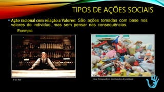  Ação racional com relação a Valores: São ações tomadas com base nos
valores do indivíduo, mas sem pensar nas consequências.
Exemplo
Ir ao bar Doar brinquedos à instituições de caridade
TIPOS DE AÇÕES SOCIAIS
 