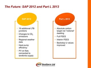 The Future: SAP 2012 and Part L 2013


             SAP 2012                  Part L 2013



        • 19 additional LTB      • Absolute carbon
          junctions                target not “notional”
        • Changes to C02           dwelling
          emissions              • Full FEES
        • Regional weather       • Interim FEES
          data                   • Backstop U values
        • Heat pump                improved
          efficiency
        • PV on flats
          connected to
          landlords supply
 
