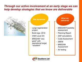Through our active involvement at an early stage we can
help develop strategies that we know are deliverable


                                                 What we
                      Site dynamics
                                                 delivered



                   • Large regeneration    • BREEAM Feasibility
                     project                 assessment
                   • Build regs: 2010      • Planning Report
                   • CfSH Level 3/4        • SAP calculations
                   • BREEAM “very          • Code Assessment
                     good” with            • SBEM
                     aspirational target
                     “excellent”           • BREEAM
                                             Assessment
                                           • Air testing
 