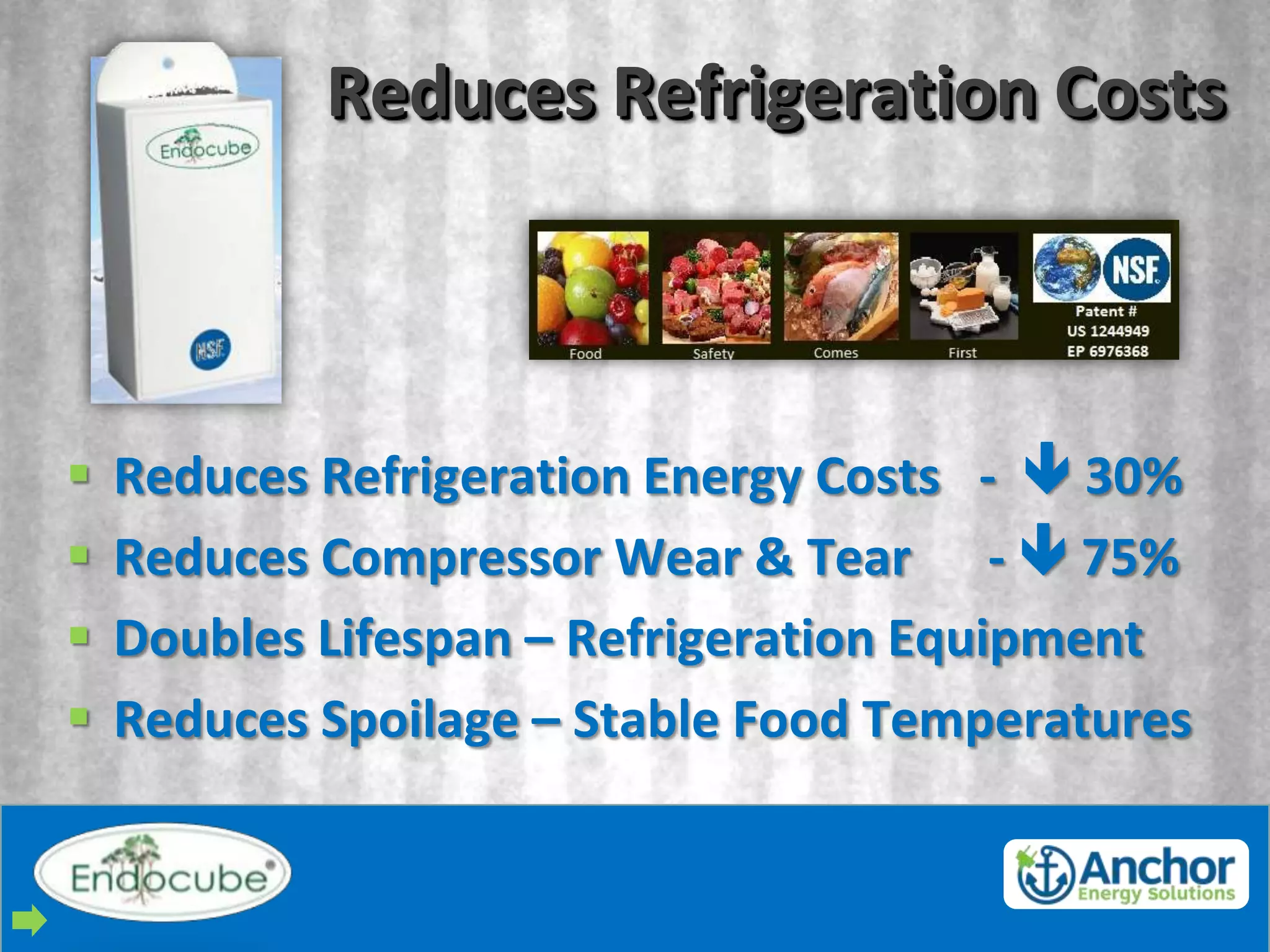 Reduces Refrigeration Costs



   Reduces Refrigeration Energy Costs -  30%
   Reduces Compressor Wear & Tear -  75%
   Doubles Lifespan – Refrigeration Equipment
   Reduces Spoilage – Stable Food Temperatures
 