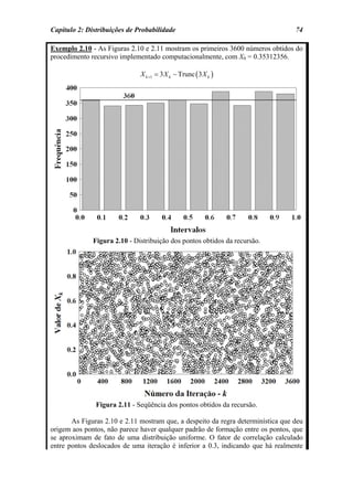 Capítulo 2: Distribuições de Probabilidade                                        74

Exemplo 2.10 - As Figuras 2.10 e 2.11 mostram os primeiros 3600 números obtidos do
procedimento recursivo implementado computacionalmente, com X0 = 0.35312356.

                              X k +1 = 3 X k − Trunc ( 3 X k )




              Figura 2.10 - Distribuição dos pontos obtidos da recursão.




               Figura 2.11 - Seqüência dos pontos obtidos da recursão.

       As Figuras 2.10 e 2.11 mostram que, a despeito da regra determinística que deu
origem aos pontos, não parece haver qualquer padrão de formação entre os pontos, que
se aproximam de fato de uma distribuição uniforme. O fator de correlação calculado
entre pontos deslocados de uma iteração é inferior a 0.3, indicando que há realmente
 