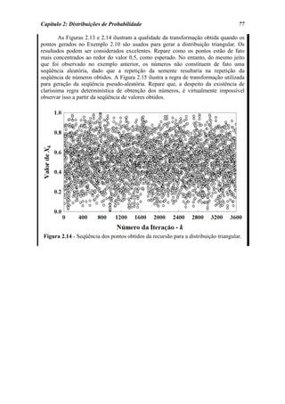 Capítulo 2: Distribuições de Probabilidade                                           77

        As Figuras 2.13 e 2.14 ilustram a qualidade da transformação obtida quando os
pontos gerados no Exemplo 2.10 são usados para gerar a distribuição triangular. Os
resultados podem ser considerados excelentes. Repare como os pontos estão de fato
mais concentrados ao redor do valor 0.5, como esperado. No entanto, do mesmo jeito
que foi observado no exemplo anterior, os números não constituem de fato uma
seqüência aleatória, dado que a repetição da semente resultaria na repetição da
seqüência de números obtidos. A Figura 2.15 ilustra a regra de transformação utilizada
para geração da seqüência pseudo-aleatória. Repare que, a despeito da existência de
claríssima regra determinística de obtenção dos números, é virtualmente impossível
observar isso a partir da seqüência de valores obtidos.




 Figura 2.14 - Seqüência dos pontos obtidos da recursão para a distribuição triangular.
 