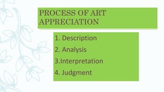 PROCESS OF ART
APPRECIATION
1. Description
2. Analysis
3.Interpretation
4. Judgment
 