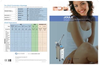 The JOULE Combination Advantage
The versatility of JOULE readily enables combination treatments in the same session that can further enhance clinical outcomes.

MicroLaserPeel

MLP 	– 100% ablation to remove superficial irregularities
PF 	 – fractional ablation for collagen remodeling

BroadBand Light

BBL	 – phototherapy to remove pigmented and vascular lesions
PF 	 – fractional ablation for collagen remodeling

SkinTyte II (ST)

PF 	 – fractional ablation for collagen remodeling
ST 	 – light energy to improve skin firmness

MicroLaserPeel (MLP)

BroadBand Light

MLP 	– 100% ablation to remove superficial irregularities
BBL 	 – phototherapy to remove pigmented and vascular lesions

ProLipo PLUS (PLP)

SkinTyte II

PLP 	– laser-assisted lipolysis to melt unwanted fat and coagulate tissue
ST 	 – light energy to improve skin firmness

JOULE

BroadBand Light (BBL)

SkinTyte II

BBL 	 – phototherapy to remove pigmented and vascular lesions
ST	 – light energy to improve skin firmness

Modular, Multi-Application Laser and Light Platform for Aesthetic
and Surgical Applications

ProFractional Therapy (PF)
(ProFractional or ProFractional-XC)

JOULE Applications
ARM

FIBER

ProFractional™
Contour
ClearScan
Module ProFractionalThermaScan™
ClearSense™
TRL™
YAG™
™
XC
2940
Er:YAG

Wavelength (nm)

2940
Er:YAG

Acne

1319
Nd:YAG

1064
Nd:YAG

1064
Nd:YAG

ClearScan
ALX™

ProLipo
PLUS ™

755
1064 / 1319
Alexandrite
Nd:YAG

Pro-V™

BBL™

SkinTyte II ™

1319
Nd:YAG

420 to 1400
Dual Flash
Lamp

590 to 1400
Dual Flash
Lamp

•

Acne Scars

•

•

•

Endovenous
Ablation

•

Laser-Assisted
Lipolysis

•

Onychomycosis

Applications

BROADBAND LIGHT

•

Permanent
Hair Reduction

•

•

•

Pigmented
Lesions

•

•

•

Scar Revision

•

•

•

•

Skin Firming

•

Skin Resurfacing

•

•

Skin Texture
Improvement

•

•

•

•

Telangiectasia

•

•

Vascular Lesions

•

Warts

•

Wrinkles

•

•

•

•
•

•
•

•

visit us:	 www.sciton.com

925 Commercial Street, Palo Alto, California 94303
Phone: (888) 646-6999 • Email: info@sciton.com
www.sciton.com
1
3
4
8
5

©2013 Sciton, Inc. All rights reserved. Sciton and MicroLaserPeel are registered trademarks and JOULE, Contour TRL, ProFractional-XC, ProFractional,
ThermaScan, ClearScan YAG, ClearSense, ClearScan ALX, ProLipo PLUS, TempASSURE, Pro-V, BBL, SkinTyte II and OptiPlex are trademarks of Sciton, Inc.
Printed in USA
Rev. 1

2600-029-04 Rev. F00-00

™

 