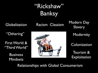 “Rickshaw”
                  Banksy
                                    Modern Day
Globalization    Racism Classism
                                      Slavery
“Othering”                            Modernity

First World &                        Colonization
“Third World”
                                      Tourism &
  Business
                                     Exploitation
  Mindsets
       Relationships with Global Consumerism
 