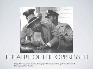 THEATRE OF THE OPPRESSED
  Image Theatre, Forum Theater, Newspaper Theater, Rainbow of Desire, Historical
  Theater, Invisible Theater
 