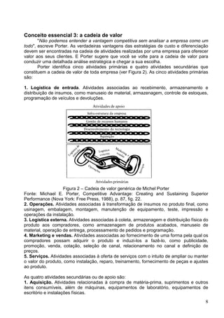 8
Conceito essencial 3: a cadeia de valor
"Não podemos entender a vantagem competitiva sem analisar a empresa como um
todo", escreve Porter. As verdadeiras vantagens das estratégias de custo e diferenciação
devem ser encontradas na cadeia de atividades realizadas por uma empresa para oferecer
valor aos seus clientes. E Porter sugere que você se volte para a cadeia de valor para
conduzir uma detalhada análise estratégica e chegar a sua escolha.
Porter identifica cinco atividades primárias e quatro atividades secundárias que
constituem a cadeia de valor de toda empresa (ver Figura 2). As cinco atividades primárias
são:
1. Logística de entrada. Atividades associadas ao recebimento, armazenamento e
distribuição de insumos, como manuseio de material, armazenagem, controle de estoques,
programação de veículos e devoluções.
Figura 2 – Cadeia de valor genérica de Michel Porter
Fonte: Michael E. Porter, Competitive Advantage: Creating and Sustaining Superior
Performance (Nova York: Free Press, 1988), p. 87, fig. 22.
2. Operações. Atividades associadas à transformação de insumos no produto final, como
usinagem, embalagem, montagem, manutenção de equipamento, teste, impressão e
operações da instalação.
3. Logística externa. Atividades associadas à coleta, armazenagem e distribuição física do
produto aos compradores, como armazenagem de produtos acabados, manuseio de
material, operação de entrega, processamento de pedidos e programação.
4. Marketing e vendas. Atividades associadas ao fornecimento de uma forma pela qual os
compradores possam adquirir o produto e induzi-los a fazê-lo, como publicidade,
promoção, venda, cotação, seleção de canal, relacionamento no canal e definição de
preços.
5. Serviços. Atividades associadas à oferta de serviços com o intuito de ampliar ou manter
o valor do produto, como instalação, reparo, treinamento, fornecimento de peças e ajustes
ao produto.
As quatro atividades secundárias ou de apoio são:
1. Aquisição. Atividades relacionadas à compra de matéria-prima, suprimentos e outros
itens consumíveis, além de máquinas, equipamentos de laboratório, equipamentos de
escritório e instalações físicas.
 