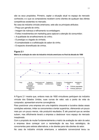 13



são os seus propósitos. Primeiro, captar a situação atual no espaço de mercado
conhecido; e o que os compradores recebem como clientes de qualquer das ofertas
competitivas existentes no mercado.
No casa da indústria vinícola americana, sete são os principais atributos:
- Preço por garrafa de vinho;
- Imagem de nobreza e refinamento na embalagem;
- Fortes investimentos em marketing para capturar a atenção do consumidor;
-- A qualidade de envelhecimento do vinho;
- O prestígio e o legado do vinhedo;
- A complexidade e a sofisticação do sabor do vinho;
- O espectro diversificado de vinhos.


Figura 2.1
Matriz de avaliação de valor da industria vinícola americana no final da década de 1990




      Preço        Uso de     Investimentos em Qualidade do     Prestígio e   Complexidade do   Variedade de
                terminologia      marketing    envelhecimento   tradição do       vinho            vinhos
                  enológica                                       vinhedo
               epremiações na                                                           Vinhos populares
               divulgação dos                                                           Vinhos premium
                   vinhos




A Figura 2.1 mostra que, embora mais de 1600 vinicultores participem da indústria
vinícola dos Estados Unidos, suas curvas de valor, sob o ponto de vista do
comprador, apresentam enorme convergência.
Para posicionar uma empresa em uma trajetória crescente e lucrativa dadas essas
condições setoriais, imitar os concorrentes e tentar superá-los, oferecendo um pouco
mais por um pouco menos, não produzirá resultados. É até possível que as vendas
subam, mas dificilmente levará a empresa a desbravar novo espaço de mercado
inexplorado.
Com o propósito de mudar fundamentalmente a matriz de avaliação de valor do setor,
a empresa deve começar com a reorientação de seu foco estratégico, de
concorrentes para setores alternativos, e de clientes para não-clientes do setor.
No caso de indústria vinícola americana, a sabedoria convencional levou os
 