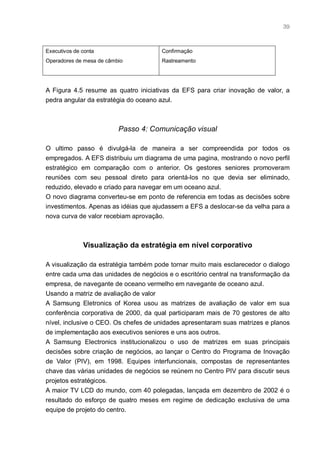 39



Executivos de conta                    Confirmação
Operadores de mesa de câmbio           Rastreamento




A Figura 4.5 resume as quatro iniciativas da EFS para criar inovação de valor, a
pedra angular da estratégia do oceano azul.



                          Passo 4: Comunicação visual

O ultimo passo é divulgá-la de maneira a ser compreendida por todos os
empregados. A EFS distribuiu um diagrama de uma pagina, mostrando o novo perfil
estratégico em comparação com o anterior. Os gestores seniores promoveram
reuniões com seu pessoal direto para orientá-los no que devia ser eliminado,
reduzido, elevado e criado para navegar em um oceano azul.
O novo diagrama converteu-se em ponto de referencia em todas as decisões sobre
investimentos. Apenas as idéias que ajudassem a EFS a deslocar-se da velha para a
nova curva de valor recebiam aprovação.



              Visualização da estratégia em nível corporativo

A visualização da estratégia também pode tornar muito mais esclarecedor o dialogo
entre cada uma das unidades de negócios e o escritório central na transformação da
empresa, de navegante de oceano vermelho em navegante de oceano azul.
Usando a matriz de avaliação de valor
A Samsung Eletronics of Korea usou as matrizes de avaliação de valor em sua
conferência corporativa de 2000, da qual participaram mais de 70 gestores de alto
nível, inclusive o CEO. Os chefes de unidades apresentaram suas matrizes e planos
de implementação aos executivos seniores e uns aos outros.
A Samsung Electronics institucionalizou o uso de matrizes em suas principais
decisões sobre criação de negócios, ao lançar o Centro do Programa de Inovação
de Valor (PIV), em 1998. Equipes interfuncionais, compostas de representantes
chave das várias unidades de negócios se reúnem no Centro PIV para discutir seus
projetos estratégicos.
A maior TV LCD do mundo, com 40 polegadas, lançada em dezembro de 2002 é o
resultado do esforço de quatro meses em regime de dedicação exclusiva de uma
equipe de projeto do centro.
 