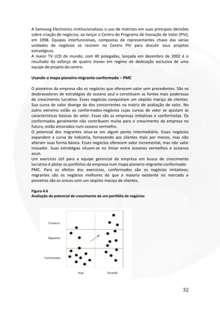 32
A Samsung Electronics institucionalizou o uso de matrizes em suas principais decisões
sobre criação de negócios, ao lançar o Centro do Programa de Inovação de Valor (PIV),
em 1998. Equipes interfuncionais, compostas de representantes chave das várias
unidades de negócios se reúnem no Centro PIV para discutir seus projetos
estratégicos.
A maior TV LCD do mundo, com 40 polegadas, lançada em dezembro de 2002 é o
resultado do esforço de quatro meses em regime de dedicação exclusiva de uma
equipe de projeto do centro.
Usando o mapa pioneiro-migrante-conformado – PMC
O pioneiros da empresa são os negócios que oferecem valor sem precedentes. São os
desbravadores de estratégias do oceano azul e constituem as fontes mais poderosas
de crescimento lucrativo. Esses negócios conquistam um séqüito maciço de clientes.
Sua curva de valor diverge da dos concorrentes na matriz de avaliação de valor. No
outro extremo estão os conformados-negócios cujas curvas de valor se ajustam às
características básicas do setor. Essas são as empresas imitativas e conformistas. Os
conformados geralmente não contribuem muito para o crescimento da empresa no
futuro, estão ancorados num oceano vermelho.
O potencial dos migrantes situa-se em algum ponto intermediário. Esses negócios
expandem a curva da indústria, fornecendo aos clientes mais por menos, mas não
alteram suas forma básica. Esses negócios oferecem valor incremental, mas não valor
inovador. Suas estratégias situam-se no limiar entre oceanos vermelhos e oceanos
azuis.
Um exercício útil para a equipe gerencial da empresa em busca de crescimento
lucrativo é plotar os portfolios da empresa num mapa pioneiro-migrante-conformado-
PMC. Para os efeitos dos exercícios, conformados são os negócios imitativos;
migrantes são os negócios melhores do que a maioria existente no mercado e
pioneiros são os únicos com um séqüito maciço de clientes.
Figura 4.6
Avaliação do potencial de crescimento de um portfólio de negócios
 