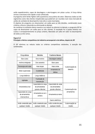 35
avião expedicionário, capaz de decolagens e aterrissagens em pistas curtas. A Força Aérea
mirava a aeronave mais rápida e mais sofisticada.
O programa Joint Strike Fighter (JSF) questionou essa prática do setor. Observou todos os três
segmentos como não-clientes inexplorados que poderiam ser reunidos num novo mercado de
aviões de combate de desempenho mais alto e custo mais baixo.
O objetivo do programa era desenvolver um avião para as três divisões, combinando esses
critérios críticos e reduzindo ou eliminando os demais.
Ao combinar os atributos dessa maneira e ao reduzir ou eliminar os demais, o programa JSF foi
capaz de desenvolver um avião para os três clientes. O resultado foi à queda drástica nos
custos e conseqüentemente no preço unitário, liberando um salto em valor no desempenho
de todos os três ramos.
Figura 5.2
Principais critérios competitivos da indústria aeroespacial e de defesa, depois do JSF
O JSF eliminou ou reduziu todos os critérios competitivos existentes, à exceção dos
sombreados.
 