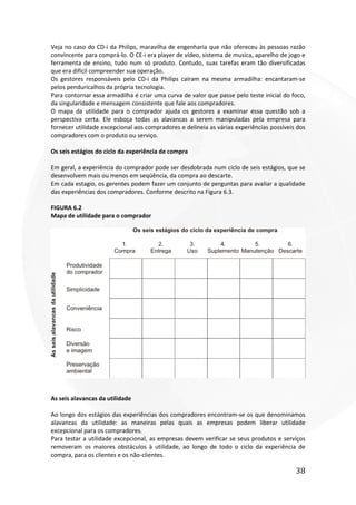 38
Veja no caso do CD-i da Philips, maravilha de engenharia que não ofereceu às pessoas razão
convincente para comprá-lo. O CE-i era player de vídeo, sistema de musica, aparelho de jogo e
ferramenta de ensino, tudo num só produto. Contudo, suas tarefas eram tão diversificadas
que era difícil compreender sua operação.
Os gestores responsáveis pelo CD-i da Philips caíram na mesma armadilha: encantaram-se
pelos penduricalhos da própria tecnologia.
Para contornar essa armadilha é criar uma curva de valor que passe pelo teste inicial do foco,
da singularidade e mensagem consistente que fale aos compradores.
O mapa da utilidade para o comprador ajuda os gestores a examinar essa questão sob a
perspectiva certa. Ele esboça todas as alavancas a serem manipuladas pela empresa para
fornecer utilidade excepcional aos compradores e delineia as várias experiências possíveis dos
compradores com o produto ou serviço.
Os seis estágios do ciclo da experiência de compra
Em geral, a experiência do comprador pode ser desdobrada num ciclo de seis estágios, que se
desenvolvem mais ou menos em seqüência, da compra ao descarte.
Em cada estagio, os gerentes podem fazer um conjunto de perguntas para avaliar a qualidade
das experiências dos compradores. Conforme descrito na Figura 6.3.
FIGURA 6.2
Mapa de utilidade para o comprador
As seis alavancas da utilidade
Ao longo dos estágios das experiências dos compradores encontram-se os que denominamos
alavancas da utilidade: as maneiras pelas quais as empresas podem liberar utilidade
excepcional para os compradores.
Para testar a utilidade excepcional, as empresas devem verificar se seus produtos e serviços
removeram os maiores obstáculos à utilidade, ao longo de todo o ciclo da experiência de
compra, para os clientes e os não-clientes.
 