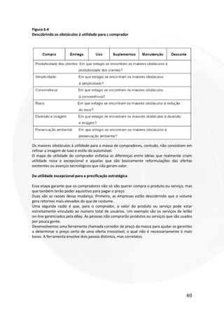 40
Figura 6.4
Descobrindo os obstáculos à utilidade para c comprador
Os maiores obstáculos à utilidade para a massa de compradores, contudo, não consistiam em
refinar a imagem de luxo e estilo do automóvel.
O mapa de utilidade do comprador enfatiza as diferenças entre idéias que realmente criam
utilidade nova e excepcional e aquelas que são basicamente reformulações das ofertas
existentes ou avanços tecnológicos que não geram valor.
Da utilidade excepcional para a precificação estratégica
Essa etapa garante que os compradores não só vão querer compra o produto ou serviço, mas
que também terão poder aquisitivo para pagar o preço.
Duas são as razoes dessa mudança. Primeiro, as empresas estão descobrindo que o volume
gera retornos mais elevados do que de costume.
Uma segunda razão é que, para o comprador, o valor do produto ou serviço pode estar
estreitamente vinculado ao numero total de usuários. Um exemplo são os serviços de leilão
on-line gerenciados pela eBay. As pessoas não comprarão produtos ou serviços que são usados
por pouca gente.
Desenvolvemos uma ferramenta chamada corredor de preço da massa para ajudar os gerentes
a determinar o preço certo de uma oferta irresistível, o qual não é necessariamente o mais
baixo. A ferramenta envolve dois passos distintos, mas correlatos.
 