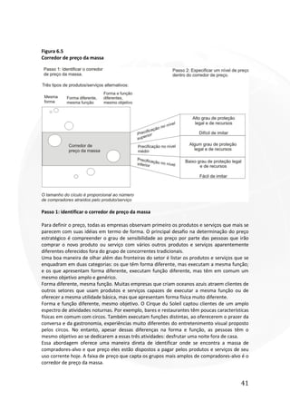 41
Figura 6.5
Corredor de preço da massa
Passo 1: identificar o corredor de preço da massa
Para definir o preço, todas as empresas observam primeiro os produtos e serviços que mais se
parecem com suas idéias em termo de forma. O principal desafio na determinação do preço
estratégico é compreender o grau de sensibilidade ao preço por parte das pessoas que irão
comprar o novo produto ou serviço com vários outros produtos e serviços aparentemente
diferentes oferecidos fora do grupo de concorrentes tradicionais.
Uma boa maneira de olhar além das fronteiras do setor é listar os produtos e serviços que se
enquadram em duas categorias: os que têm forma diferente, mas executam a mesma função;
e os que apresentam forma diferente, executam função diferente, mas têm em comum um
mesmo objetivo amplo e genérico.
Forma diferente, mesma função. Muitas empresas que criam oceanos azuis atraem clientes de
outros setores que usam produtos e serviços capazes de executar a mesma função ou de
oferecer a mesma utilidade básica, mas que apresentam forma física muito diferente.
Forma e função diferente, mesmo objetivo. O Cirque du Soleil captou clientes de um amplo
espectro de atividades noturnas. Por exemplo, bares e restaurantes têm poucas características
físicas em comum com circos. Também executam funções distintas, ao oferecerem o prazer da
conversa e da gastronomia, experiências muito diferentes do entretenimento visual proposto
pelos circos. No entanto, apesar dessas diferenças na forma e função, as pessoas têm o
mesmo objetivo ao se dedicarem a essas três atividades: desfrutar uma noite fora de casa.
Essa abordagem oferece uma maneira direta de identificar onde se encontra a massa de
compradores-alvo e que preço eles estão dispostos a pagar pelos produtos e serviços de seu
uso corrente hoje. A faixa de preço que capta os grupos mais amplos de compradores-alvo é o
corredor de preço da massa.
 