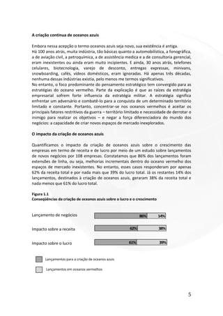 5
A criação continua de oceanos azuis
Embora nessa acepção o termo oceanos azuis seja novo, sua existência é antiga.
Há 100 anos atrás, muita indústria, tão básicas quanto a automobilística, a fonográfica,
a de aviação civil, a petroquímica, a de assistência medica e a de consultoria gerencial,
eram inexistentes ou ainda eram muito incipientes. E ainda, 30 anos atrás, telefones
celulares, biotecnologia, varejo de desconto, entregas expressas, minivans,
snowboarding, cafés, vídeos domésticos, eram ignoradas. Há apenas três décadas,
nenhuma dessas indústrias existia, pelo menos me termos significativos.
No entanto, o foco predominante do pensamento estratégico tem convergido para as
estratégias do oceano vermelho. Parte da explicação é que as raízes da estratégia
empresarial sofrem forte influencia da estratégia militar. A estratégia significa
enfrentar um adversário e combatê-lo para a conquista de um determinado território
limitado e constante. Portanto, concentrar-se nos oceanos vermelhos é aceitar os
principais fatores restritivos da guerra – território limitado e necessidade de derrotar o
inimigo para realizar os objetivos – e negar a força diferenciadora do mundo dos
negócios: a capacidade de criar novos espaços de mercado inexplorados.
O impacto da criação de oceanos azuis
Quantificamos o impacto da criação de oceanos azuis sobre o crescimento das
empresas em termo de receita e de lucro por meio de um estudo sobre lançamentos
de novos negócios por 108 empresas. Constatamos que 86% dos lançamentos foram
extensões de linha, ou seja, melhorias incrementais dentro do oceano vermelho dos
espaços de mercado inexistentes. No entanto, esses casos responderam por apenas
62% da receita total e por nada mais que 39% do lucro total. Já os restantes 14% dos
lançamentos, destinados à criação de oceanos azuis, geraram 38% da receita total e
nada menos que 61% do lucro total.
Figura 1.1
Conseqüências da criação de oceanos azuis sobre o lucro e o crescimento
Lançamento de negócios
Impacto sobre a receita
Impacto sobre o lucro
Lançamentos para a criação de oceanos azuis
Lançamentos em oceanos vermelhos
86% 14%
62% 38%
61% 39%
 