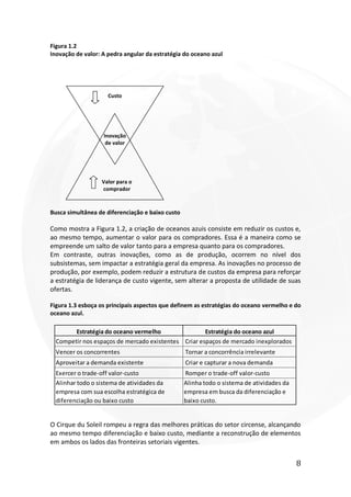 8
Figura 1.2
Inovação de valor: A pedra angular da estratégia do oceano azul
Busca simultânea de diferenciação e baixo custo
Como mostra a Figura 1.2, a criação de oceanos azuis consiste em reduzir os custos e,
ao mesmo tempo, aumentar o valor para os compradores. Essa é a maneira como se
empreende um salto de valor tanto para a empresa quanto para os compradores.
Em contraste, outras inovações, como as de produção, ocorrem no nível dos
subsistemas, sem impactar a estratégia geral da empresa. As inovações no processo de
produção, por exemplo, podem reduzir a estrutura de custos da empresa para reforçar
a estratégia de liderança de custo vigente, sem alterar a proposta de utilidade de suas
ofertas.
Figura 1.3 esboça os principais aspectos que definem as estratégias do oceano vermelho e do
oceano azul.
O Cirque du Soleil rompeu a regra das melhores práticas do setor circense, alcançando
ao mesmo tempo diferenciação e baixo custo, mediante a reconstrução de elementos
em ambos os lados das fronteiras setoriais vigentes.
Inovação
de valor
Custo
Valor para o
comprador
Estratégia do oceano vermelho Estratégia do oceano azul
Competir nos espaços de mercado existentes Criar espaços de mercado inexplorados
Vencer os concorrentes Tornar a concorrência irrelevante
Aproveitar a demanda existente Criar e capturar a nova demanda
Exercer o trade-off valor-custo Romper o trade-off valor-custo
Alinhar todo o sistema de atividades da
empresa com sua escolha estratégica de
diferenciação ou baixo custo
Alinha todo o sistema de atividades da
empresa em busca da diferenciação e
baixo custo.
 