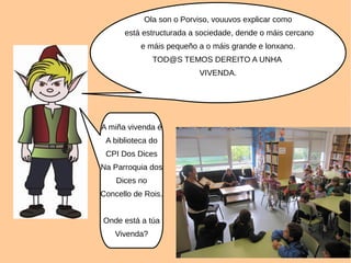 Ola son o Porviso, vouuvos explicar como
está estructurada a sociedade, dende o máis cercano
e máis pequeño a o máis grande e lonxano.
TOD@S TEMOS DEREITO A UNHA
VIVENDA.
A miña vivenda é
A biblioteca do
CPI Dos Dices
Na Parroquia dos
Dices no
Concello de Rois.
Onde está a túa
Vivenda?
 