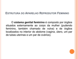 ESTRUTURA DO APARELHO REPRODUTOR FEMININO
O sistema genital feminino é composto por órgãos
situados externamente ao corpo ...