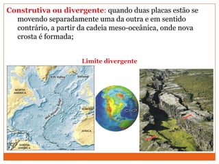 Construtiva ou divergente: quando duas placas estão se
  movendo separadamente uma da outra e em sentido
  contrário, a partir da cadeia meso-oceânica, onde nova
  crosta é formada;


                     Limite divergente
 