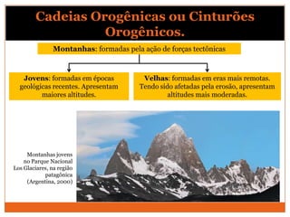 Cadeias Orogênicas ou Cinturões
                  Orogênicos.
                Montanhas: formadas pela ação de forças tect...